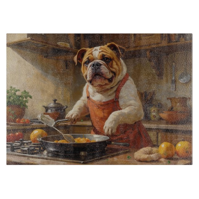 Bulldog kocht in der Küche Schneidebrett (Vorderseite)