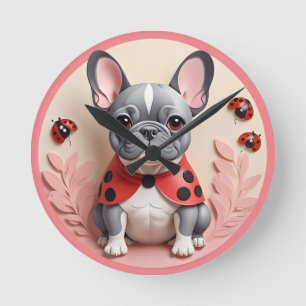 Bulldog Ladybug Pastell Papier schneiden Kunst Runde Wanduhr