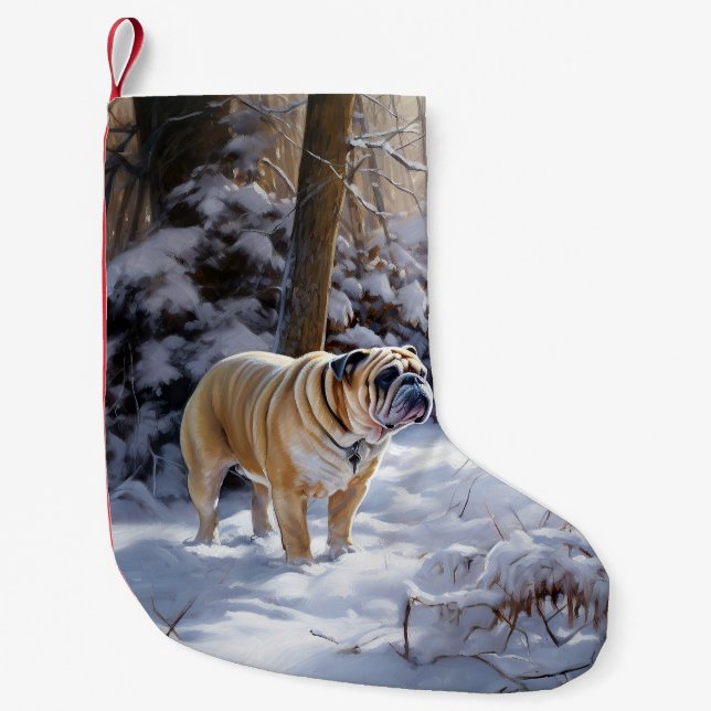 Bulldog lassen es Schnee Weihnachten gebürstet Kleiner Weihnachtsstrumpf (Vorderseite)