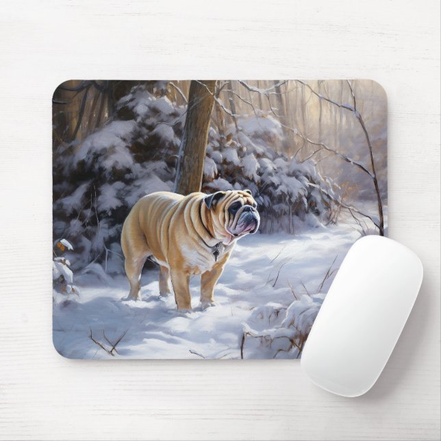 Bulldog lassen es Schnee Weihnachten gebürstet Mousepad (Mit Mouse)