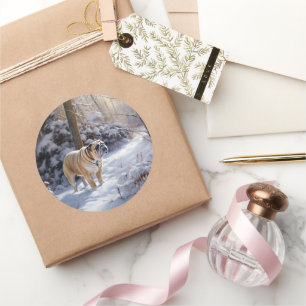 Bulldog lassen es Schnee Weihnachten gebürstet Runder Aufkleber