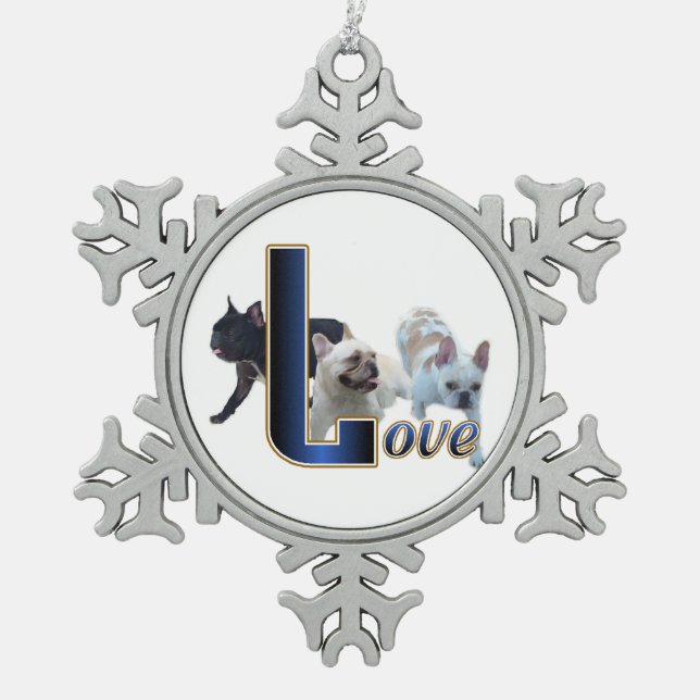 Bulldog-LIEBE Schneeflocken Zinn-Ornament (Vorderseite)