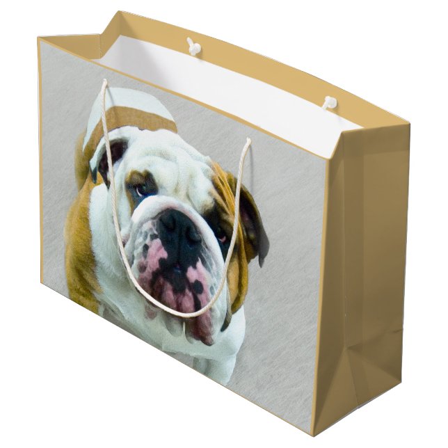 Bulldog-Malerei - Niedliche Original Hunde-Kunst Große Geschenktüte (Rückseite Schrägansicht)