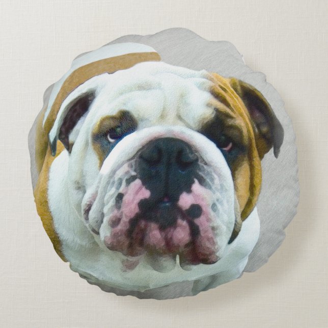 Bulldog-Malerei - Niedliche Original Hunde-Kunst Rundes Kissen (Rückseite)