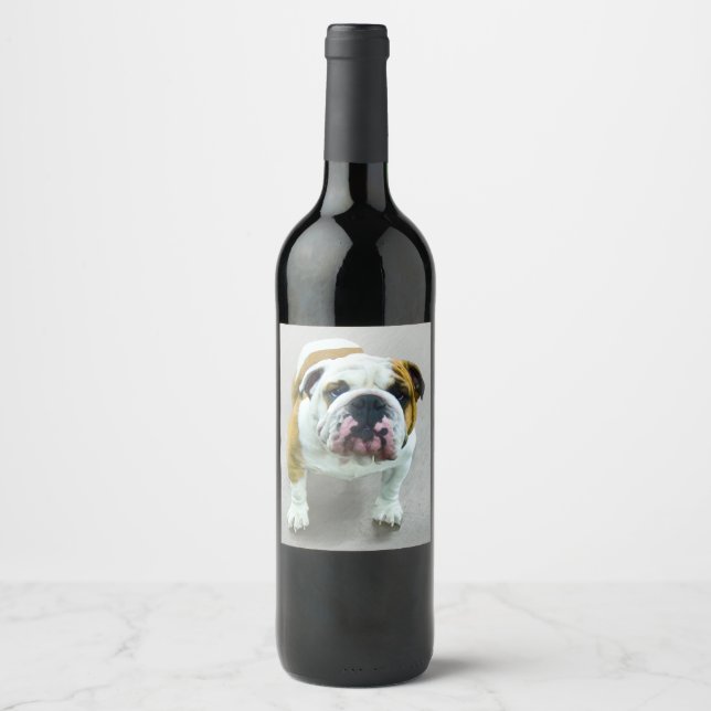 Bulldog-Malerei - Niedliche Original Hunde-Kunst Weinetikett (Vorderseite)