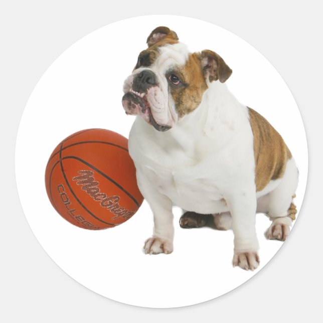 Bulldog mit Basketball Runder Aufkleber (Vorderseite)