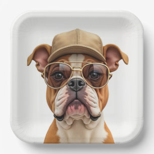 Bulldog mit einer Cap und Sonnenbrille Pappteller
