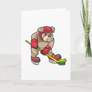 Bulldog mit Eishockey und Eishockeyschläger Karte