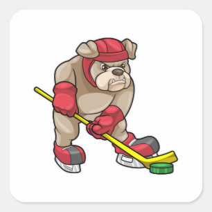 Bulldog mit Eishockey und Eishockeyschläger Quadratischer Aufkleber