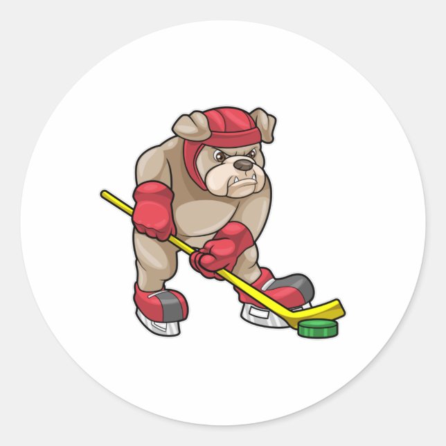 Bulldog mit Eishockey und Eishockeyschläger Runder Aufkleber (Vorderseite)