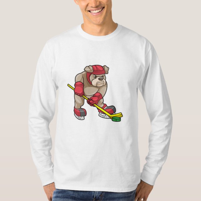Bulldog mit Eishockey und Eishockeyschläger T-Shirt (Vorderseite)