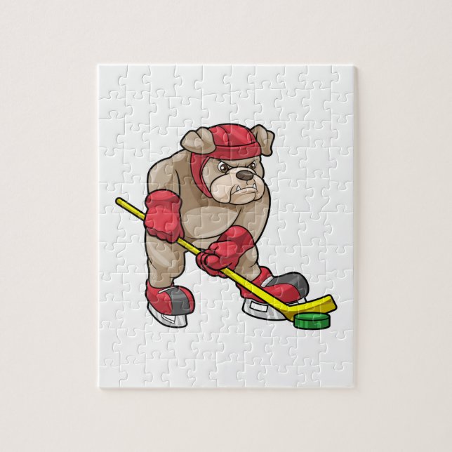 Bulldog mit Eishockey und Hockeyschläger Puzzle (Vertikal)