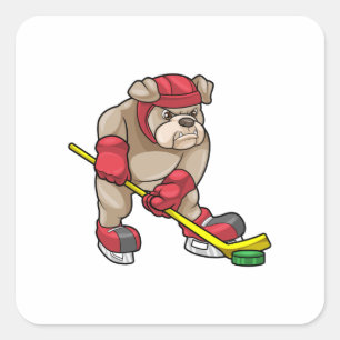 Bulldog mit Eishockey und Hockeyschläger Quadratischer Aufkleber