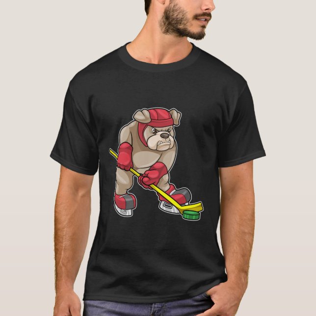 Bulldog mit Eishockey und Hockeyschläger T-Shirt (Vorderseite)