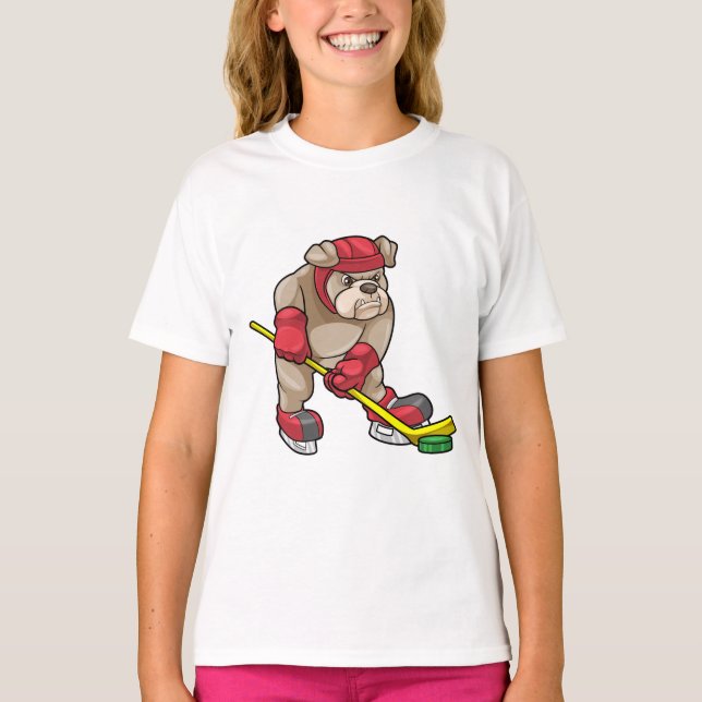 Bulldog mit Eishockey und Hockeyschläger T-Shirt (Vorderseite)