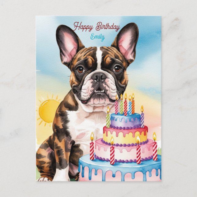 Bulldog mit Geburtstagskuchen Postkarte (Vorderseite)