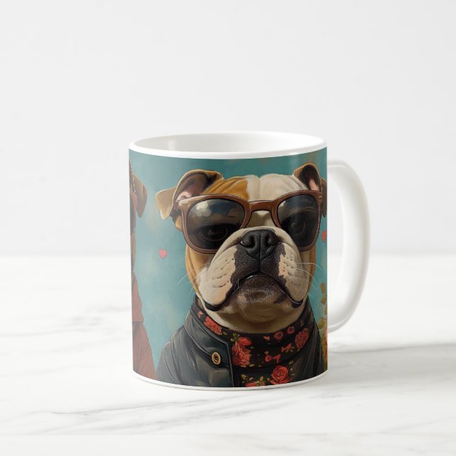 Bulldog mit Herz-Rose Valentinstag Kaffeetasse (VorderseiteRechts)