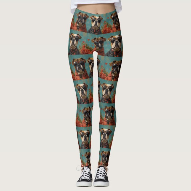 Bulldog mit Herz-Rose Valentinstag Leggings (Vorderseite)