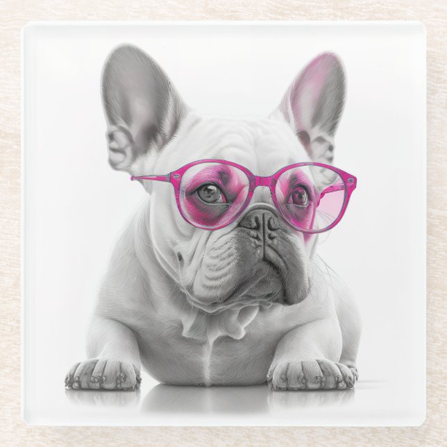 Bulldog mit rosa Untersetzer aus Glas (Vorderseite)
