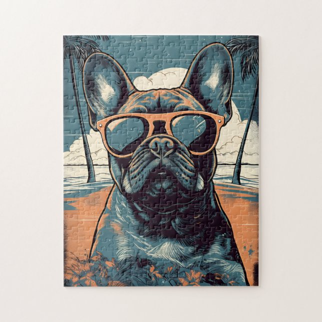 Bulldog mit Sonnenbrille an einem tropischen Stran Puzzle (Vertikal)