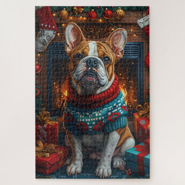 Bulldog mit Weihnachtsgeschenken Feuerplatz Puzzle (Vertikal)