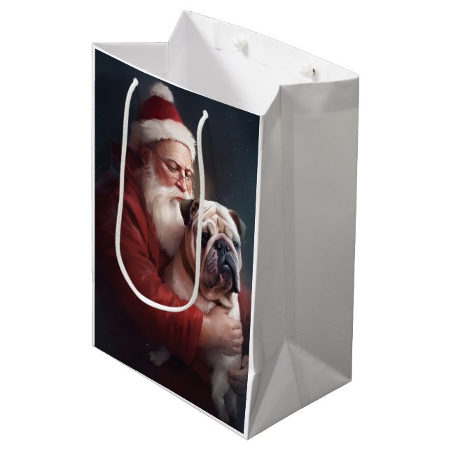 Bulldog mit Weihnachtsmann Mittlere Geschenktüte (Vorderseite Schrägansicht)