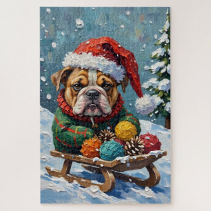 Bulldog mürrischer Reiter in Weihnachtsschlittenhu Puzzle