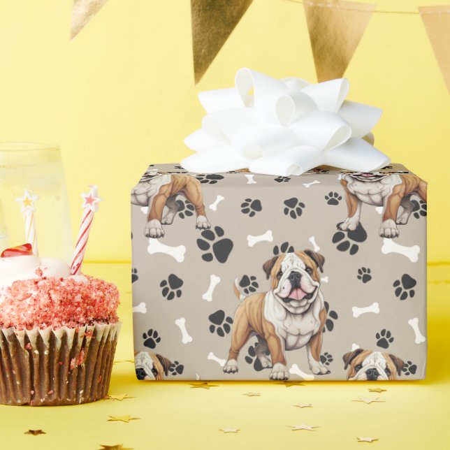 Bulldog-Paw-Print und Knochenmuster Geschenkpapier (Geburtstagsparty)