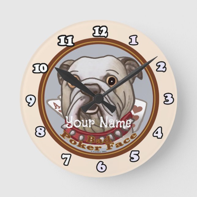 Bulldog Pokerface Runde Wanduhr (Vorderseite)