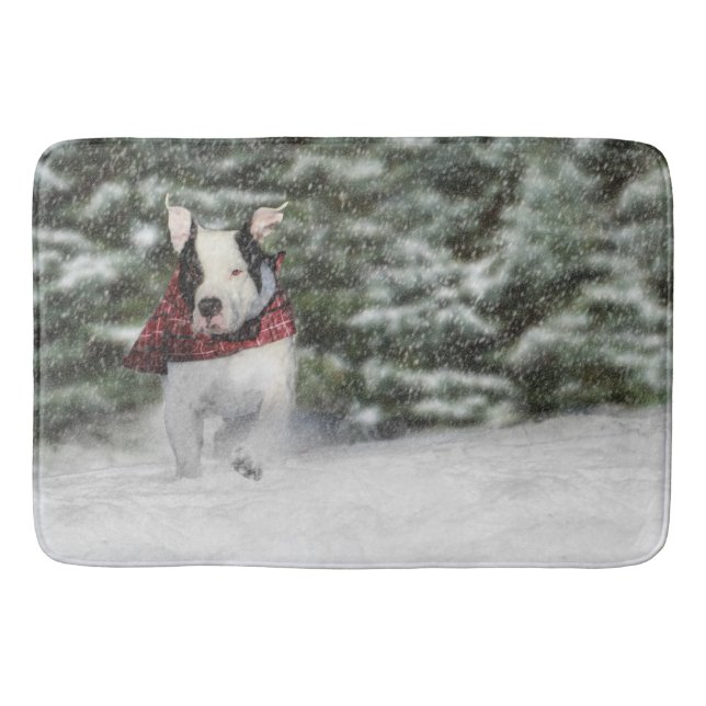 Bulldog Rescue Pup Dashing durch den Schnee Badematte (Vorderseite)