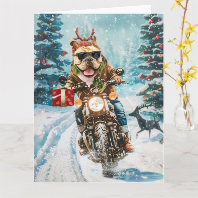 Bulldog Riding Motorrad Weihnachten Karte (Gelbe Blume)