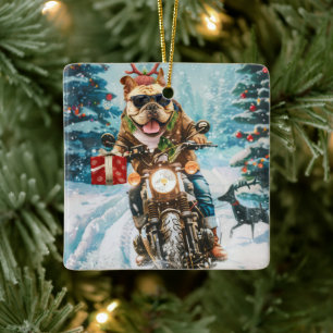 Bulldog Riding Motorrad Weihnachten Keramikornament