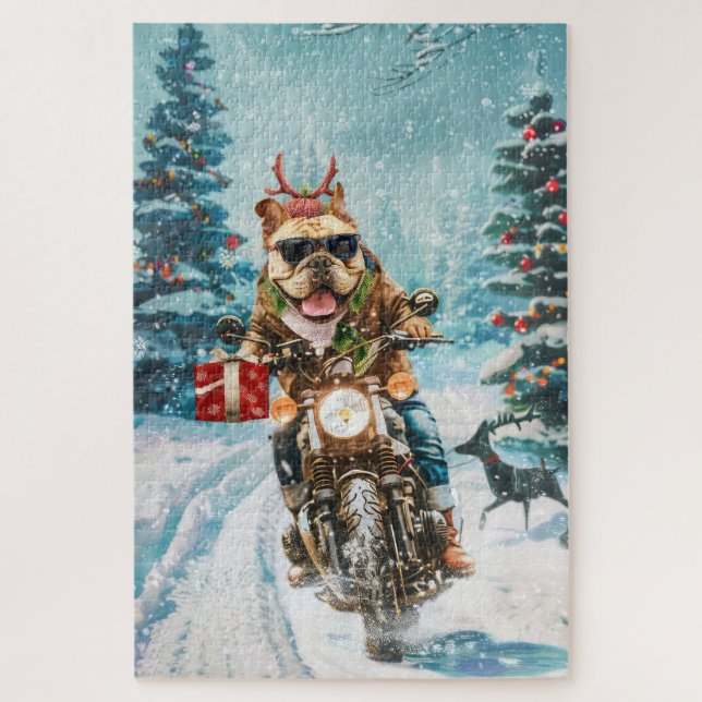 Bulldog Riding Motorrad Weihnachten Puzzle (Vertikal)
