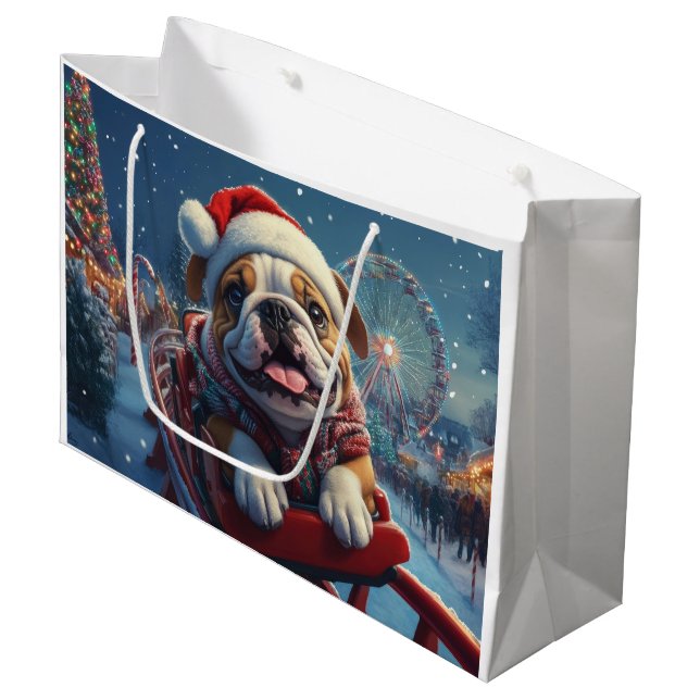 Bulldog Roller Untersetzer Weihnachten Große Geschenktüte (Vorderseite Schrägansicht)