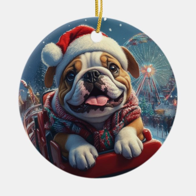 Bulldog Roller Untersetzer Weihnachten Keramik Ornament (Vorne)