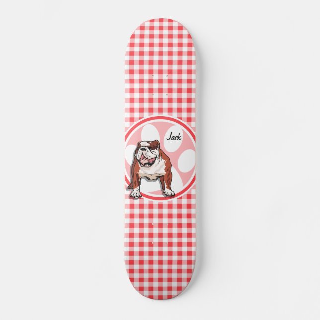 Bulldog; Rot und Weiß Gingham Skateboard (Vorderseite)