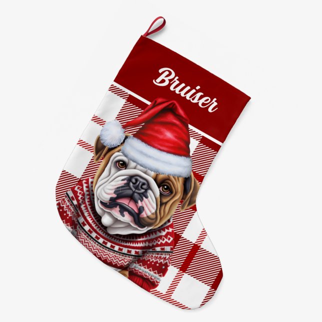 Bulldog Rot und Weiß Kariert Personalisiert Großer Weihnachtsstrumpf (Vorderansicht (hängend))