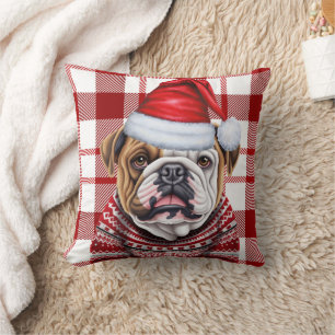 Bulldog Rot und Weiß Karierter Weihnachtsurlaub Kissen