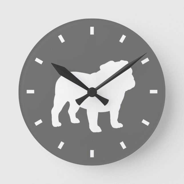 Bulldog Silhouette Grau und Weiß | Hunde Lover Runde Wanduhr (Vorderseite)