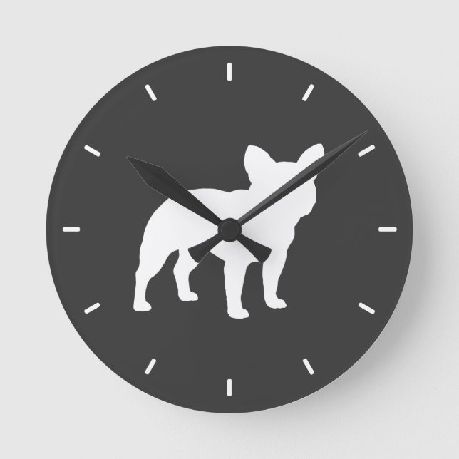 Bulldog Silhouette Grau und Weiße Hunde Lover Runde Wanduhr (Vorderseite)