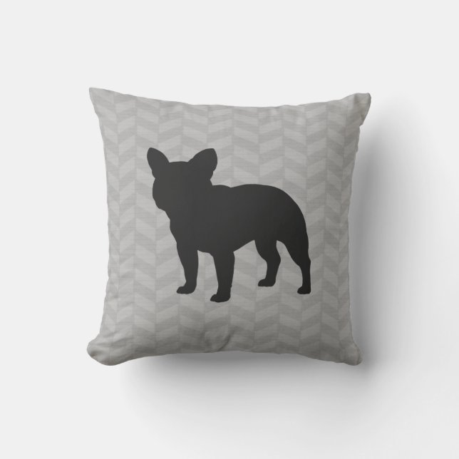 Bulldog-Silhouette Graue Herringbone Kissen (Vorderseite)