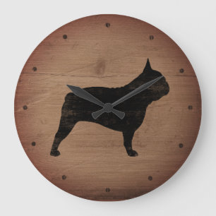 Bulldog Silhouette Imitats Holz Rustikaler Stil Große Wanduhr