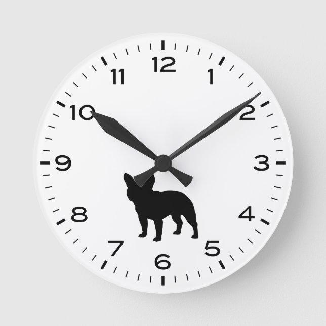 Bulldog-Silhouette Schwarz/Weiß Runde Wanduhr (Vorderseite)