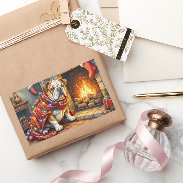 Bulldog Sitting by Fireplace with Christmas Lights Rechteckiger Aufkleber (Schenken)