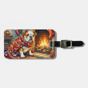 Bulldog sitzt neben dem Kamin mit Weihnachtsbeleuc Gepäckanhänger