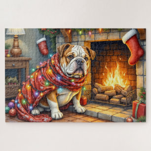 Bulldog sitzt neben dem Kamin mit Weihnachtsbeleuc Puzzle