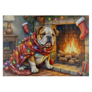 Bulldog sitzt neben dem Kamin mit Weihnachtsbeleuc Schneidebrett