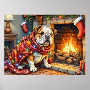 Bulldog sitzt neben Kamin mit Weihnachtsbeleuchtun Poster