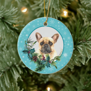 Bulldog Snowflake Blue Frame Bouquet Keramik Ornament