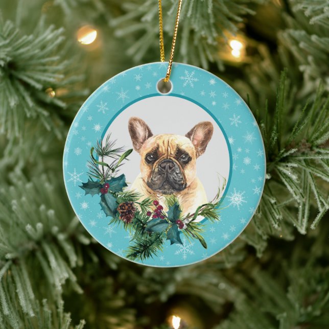 Bulldog Snowflake Blue Frame Bouquet Keramik Ornament (Baum)